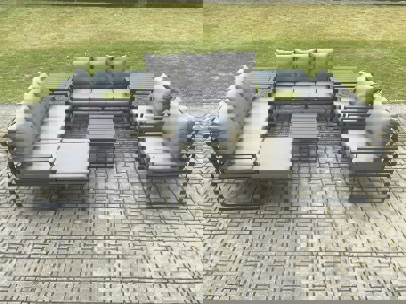 Fimous Aluminium Patio Outdoor Garden Furniture Lounge Sofa Set with Square Coffee Table 2 Chairs Big Footstool 2 Side Tables Dark Grey