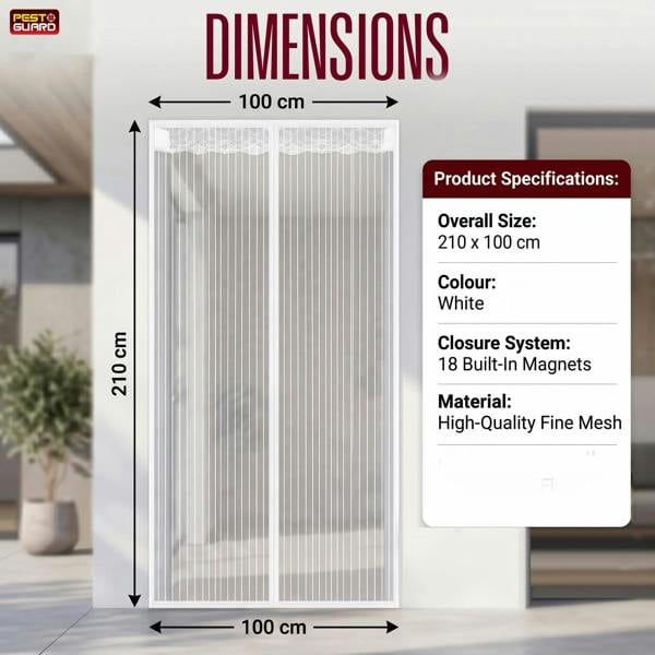 Pest Guard Magnetic Fly Screen Door 210x100cm Fly Net for Door with 18 Magnets, Full Frame Magic Tape, Self-Sealing Bug Mesh Curtain