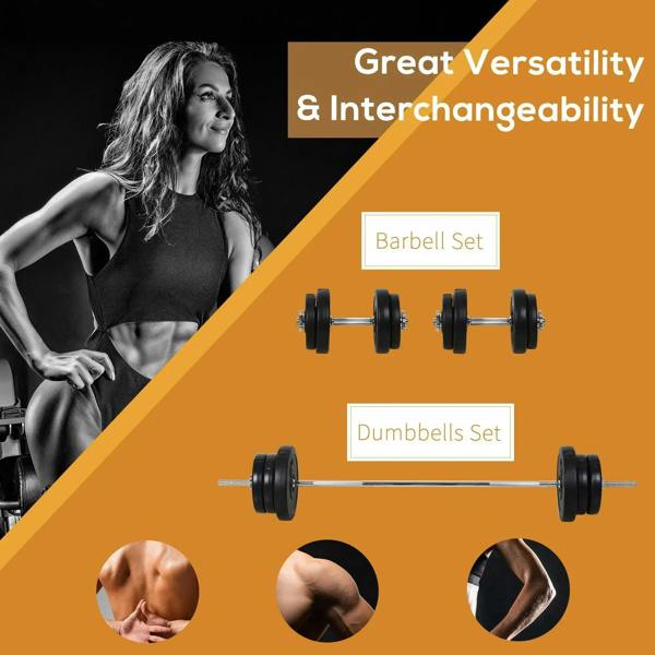 Black barbell and dumbbell weight setup with adjustable bar and plates