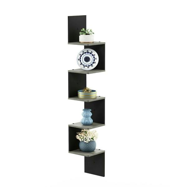 WALPLUS Rossi 5-Tier Wall Mount Floating Corner Square Shelf, French Oak Grey/Black perfect for organized storage and display