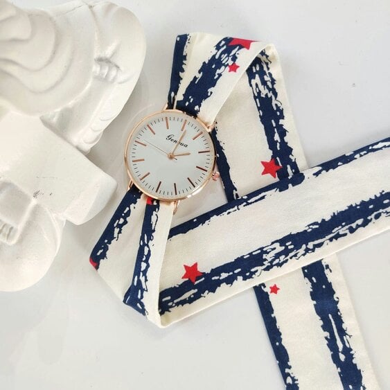 The Colourful Aura Red Star Print Changeable Fabric Strap Tie Knot Women Geneva Wristwatch