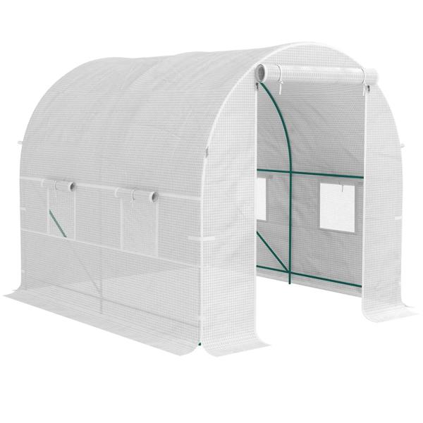 White polytunnel greenhouse with zip-front door and arched frame cover