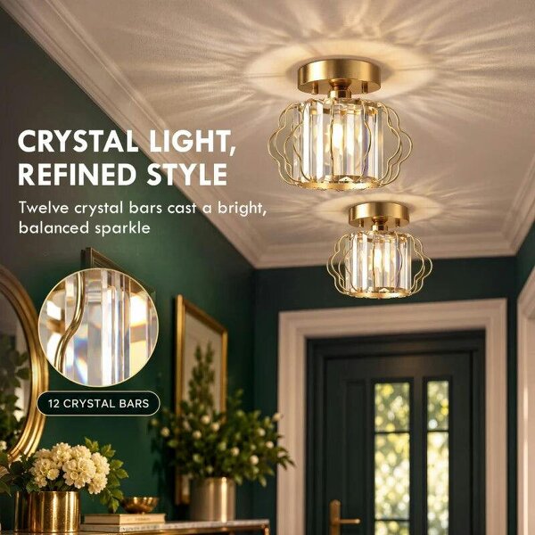 Crystal Ceiling Light Fixtures, Modern Semi-Flush Ceiling Lighting with Crystal Strips, 2 Pack, Gold Tone