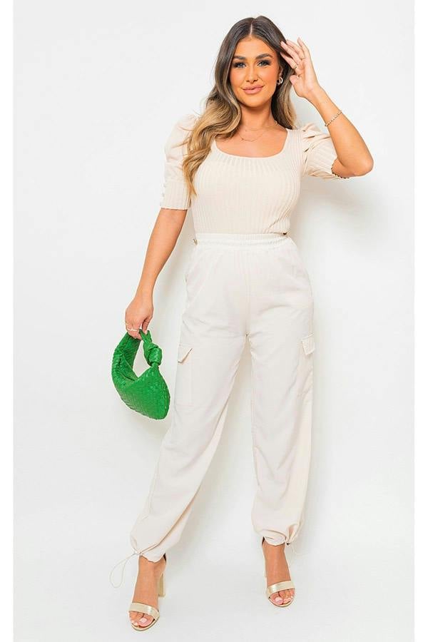 Aubree Casual Drawstring Cargo Pants - Beige