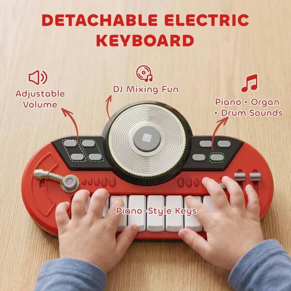 Kids Drum Set for Beginners, Drum Kit with Toy Microphone, Cymbal, Pedal & Drumsticks, Educational Musical Toy, Red