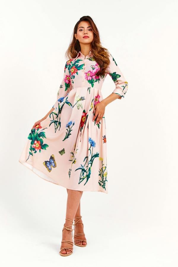 LuvForever Beige Floral Pleated Midi Dress