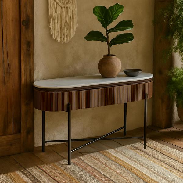 Wyld Haus Alabama Ribbed Mango Wood Console Table With Marble Top and Metal Legs