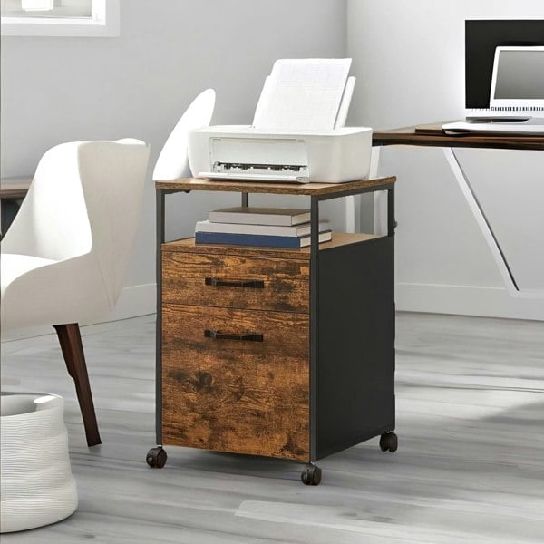 Rafaelo Mobilia 2 Drawer Industrial Filing Cabinet With Lockable Wheels Rustic Brown