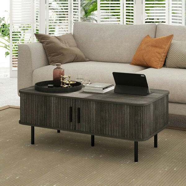 Bobobiy Coffee Table with Storage, Rectangular Coffee Table with Elevated Base, Grey Wood-Effect