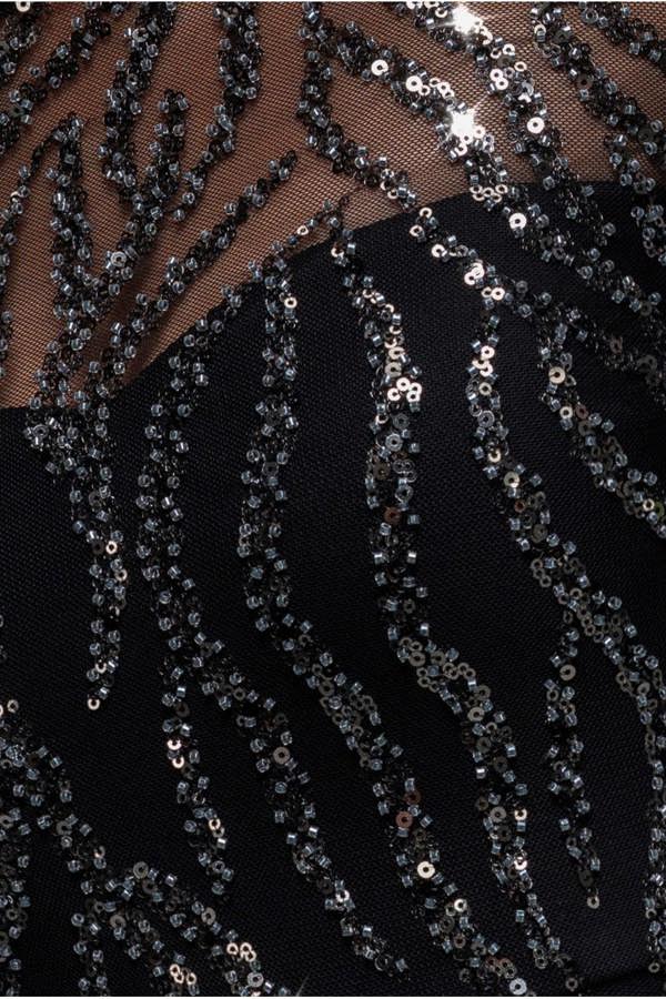 Ombre Sequin Beaded Flared Long Sleeve Maxi Dress - Black DR4782