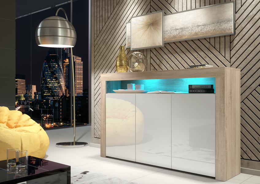 Mex Furniture 155cm Sideboard TV Stand Cupboard Cabinet - White High Gloss Doors & Free LED