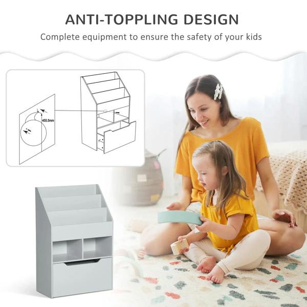 Grey kids bookshelf toy organizer with sturdy anti-tip design and open compartments