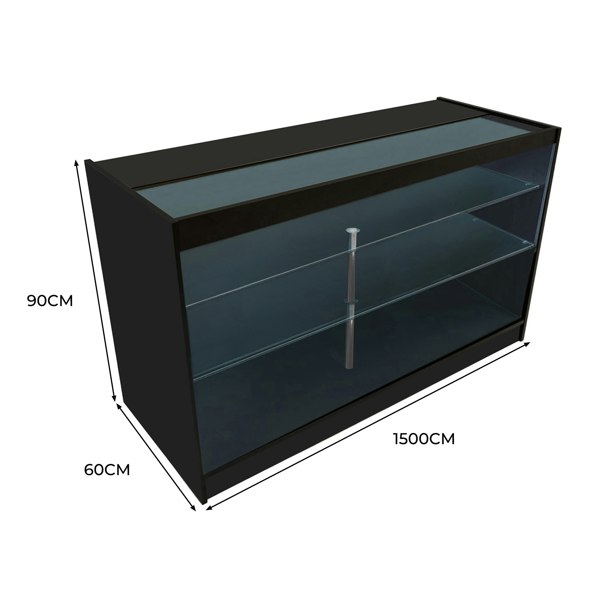 LED retail shop counter K1500 in sleek black, featuring glass shelves, modern design, and dimensions of 150cm x 60cm x 90cm