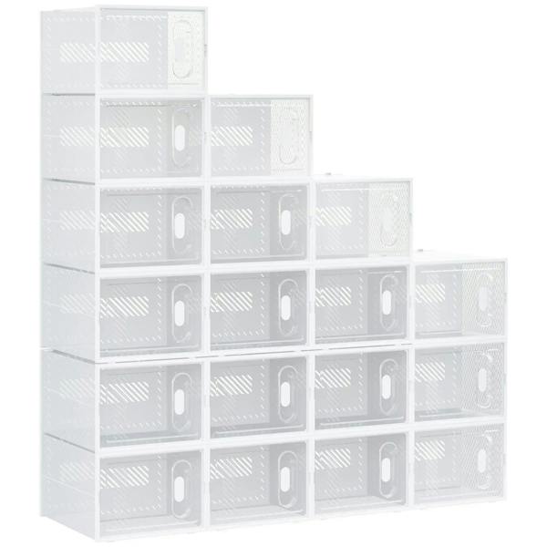 Set of clear plastic stackable shoe storage boxes with magnetic door fronts.
