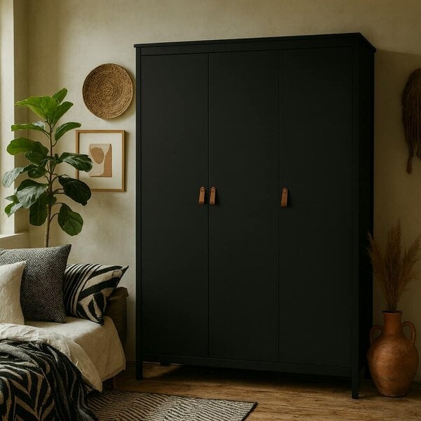 Wyld Haus Wildberry Matt Black Wardrobe 3 Doors Leather Handles