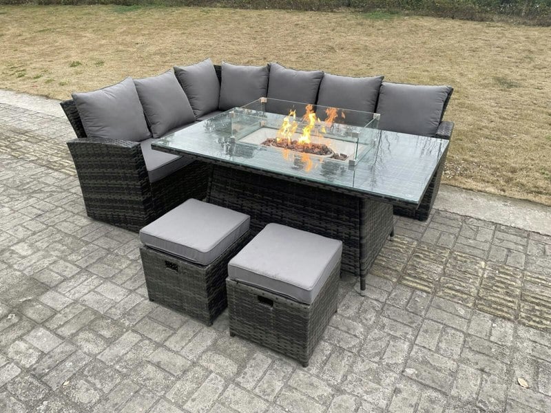 Fimous High Back Rattan Garden Furniture Sets Gas Fire Pit Dining Table Set Gas Heater Left Corner Sofa Small Footstools 8 Seater