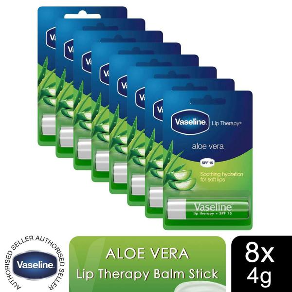 Vaseline Lip Therapy With Petroleum Jelly Balm Sticks, Aloe Vera 4g, 8 Pack