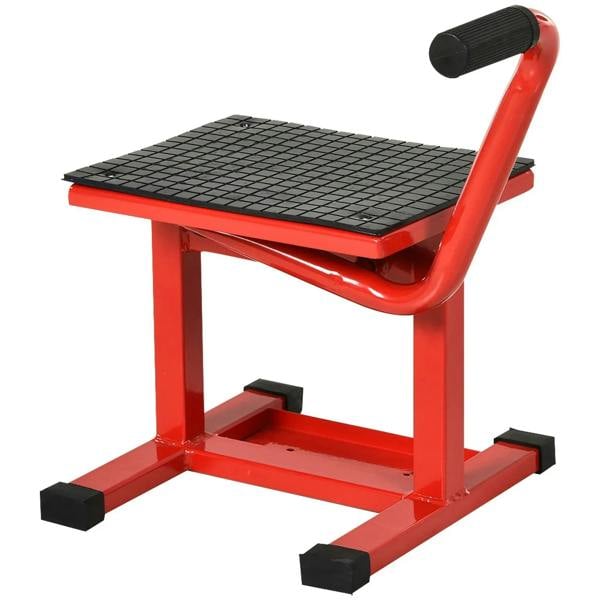 Red steel motorbike jack lift with black grid platform