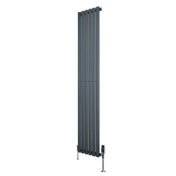 Sleek anthracite grey oval single column radiator with vertical fins and chrome valves, measuring 1800mm x 360mm, ideal for modern spaces