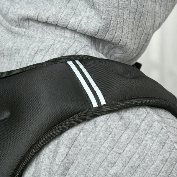 Black weighted vest curved panel with two reflective stripes and textured fabric