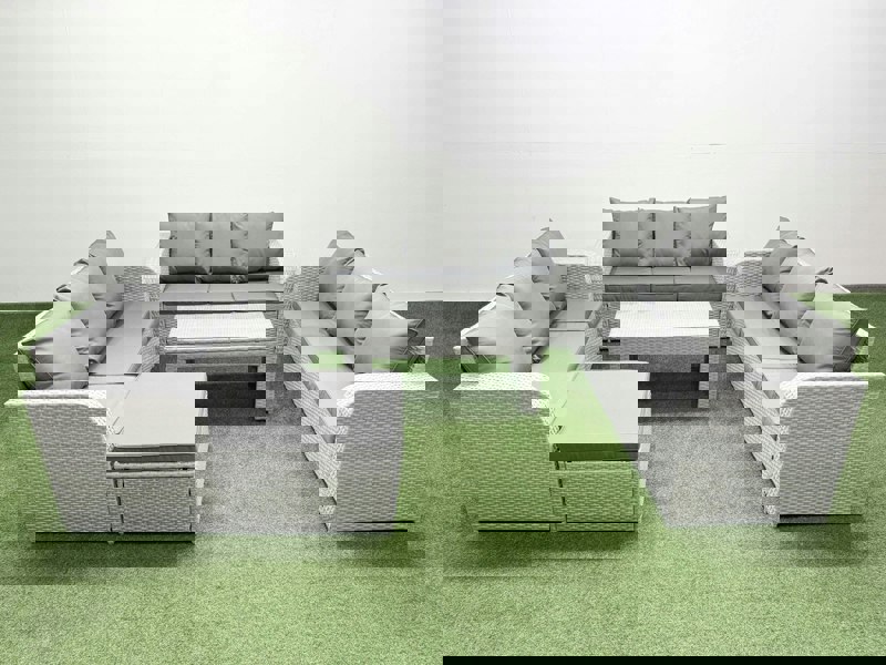 Fimous PE Rattan Lounge Sofa Set 10 Seater Outdoor Garden Furniture Set with Oblong Coffee Table 3 Seater Sofa Big Footstool Light Grey