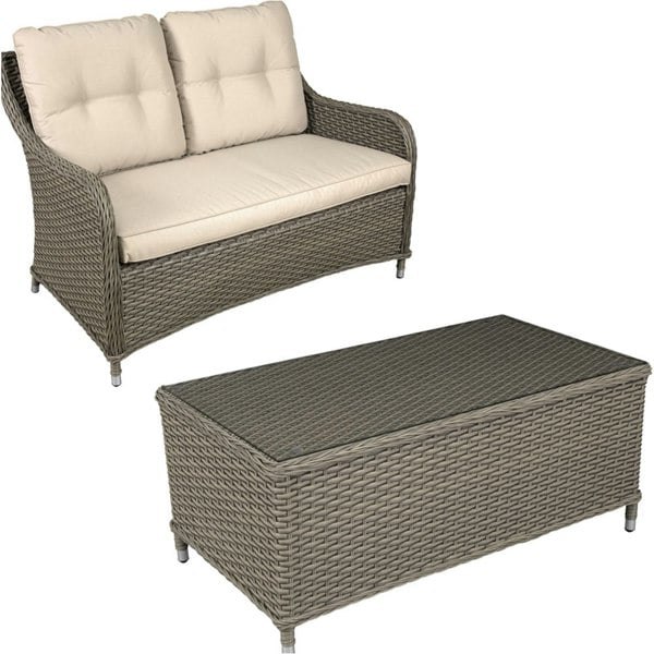 Premium 2 Seater Garden Coffee Table Set - 2pc Rattan Wicker Sofa Chair Cushions
