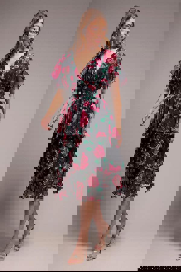 Layered Floral Midi Flutter Sleeves - Blackfloral DR3219QZ