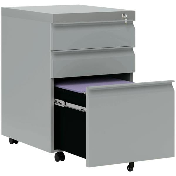 Grey metal filling cabinet with three drawers, open front, and casters