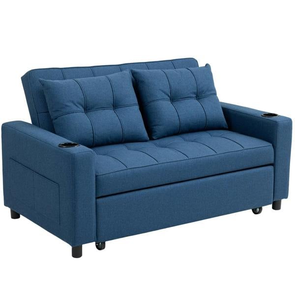Dark blue two-seater sofa bed with tufted back cushions and padded arms