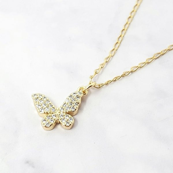 Small Butterfly Micro Pave Gold Plated Charm Necklace