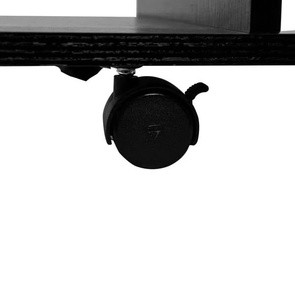 Black caster wheel on underside of black TV cabinet stand