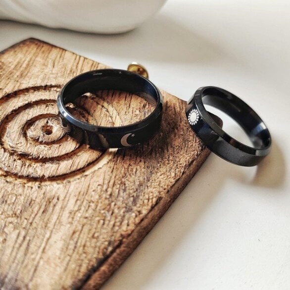 The Colourful Aura Black Band Matching Couple Moon and Sun Promise Ring set