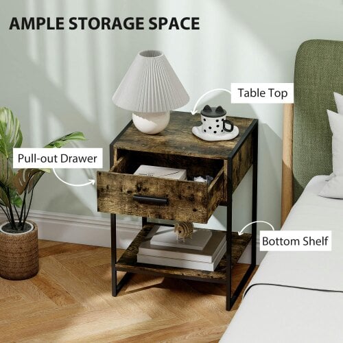 Wyld Haus Likeli Rustic Brown Modern Bedside Table With Bottom Shelf and Drawer