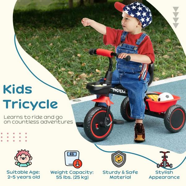 Kids tricycle with red body, black seat, and front basket, with child on pavement