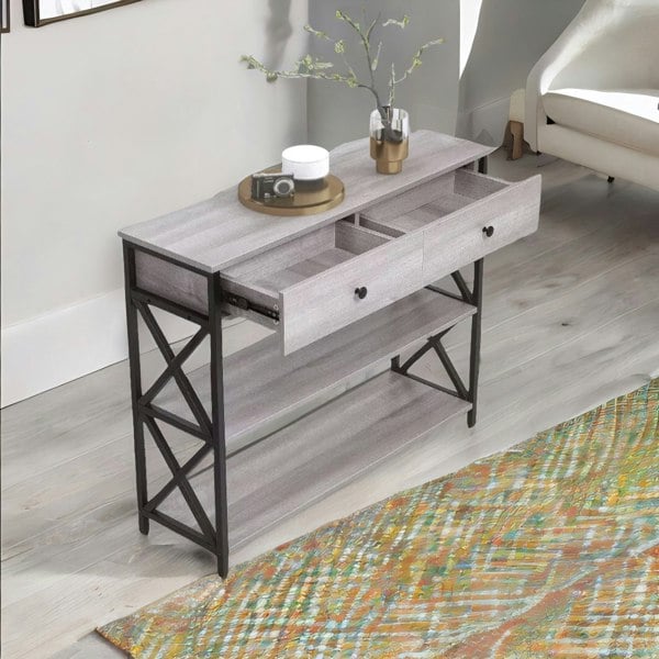 Rafaelo Mobilia 3 Tier Console Table With 2 Drawers And Storage Shelves Grey