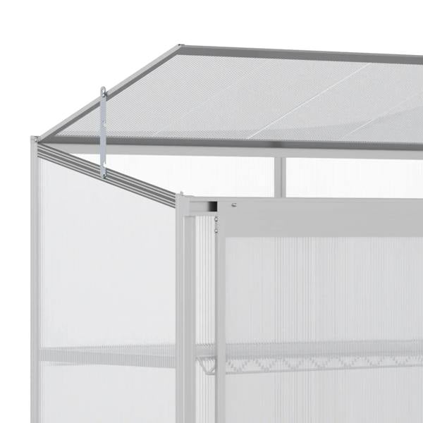 Silver aluminum greenhouse cold frame with clear polycarbonate panels and hinged roof hardware