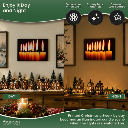 Christmas Canvas Print with 8 LED Flickering Candles, 40 x 30cm, Stretched Wooden Frame, Battery Operated, Indoor Use