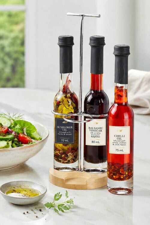 Kimm and Miller Infused Oil and Balsamic Vinegar Trio with Rack