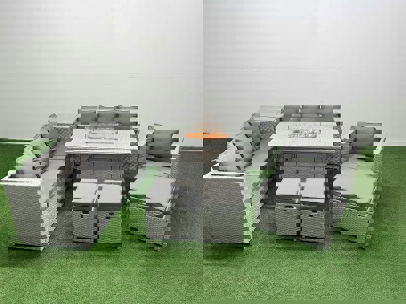 Fimous 10 Seat PE Rattan Lounge Sofa Set Outdoor Garden Furniture Set with Fire Pit Dining Table 3 Seater Sofa 3 Stools Side Table Light Grey