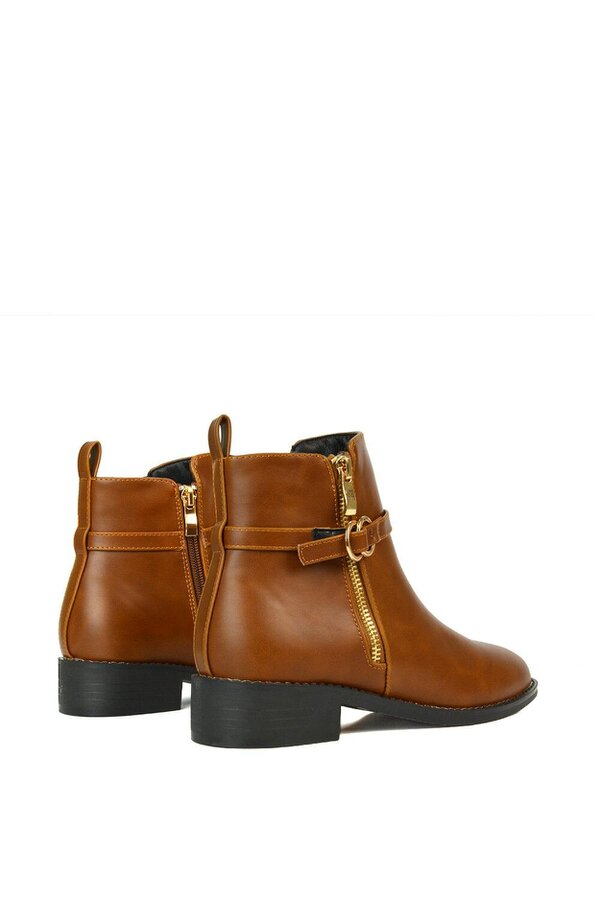 XY LONDON Flat Low Heel Ankle Booties With Decorative Buckle and Zip