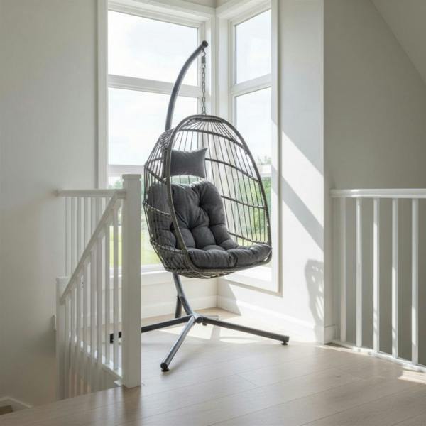 Samuel Alexander Grey Rattan Hanging Egg Chair with Stand & Cushions for Indoor Use