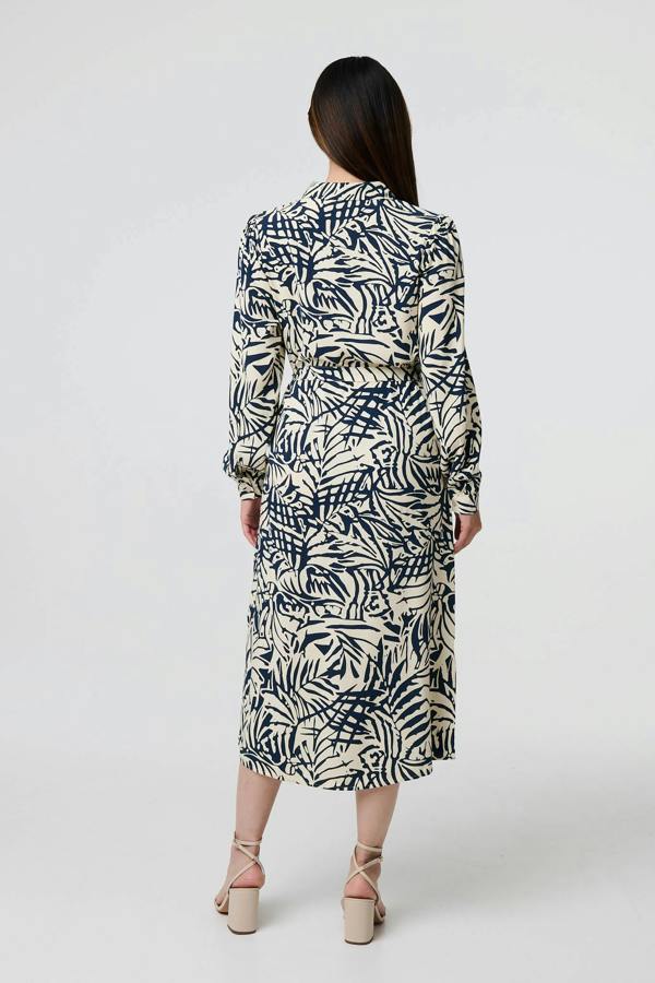 Navy | Printed Tie Waist Midi Shirt Dress
