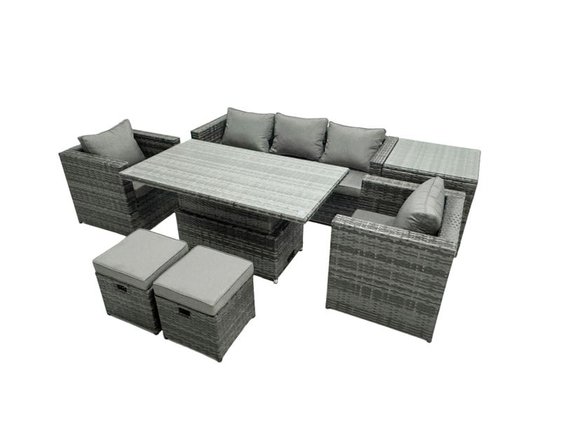 Fimous Rattan Garden Furniture Set Rising Adjustable Dining Table Lounge Sofa Set With Foostools Dark Grey Mixed Extra Side High Tall Coffee Tea Table