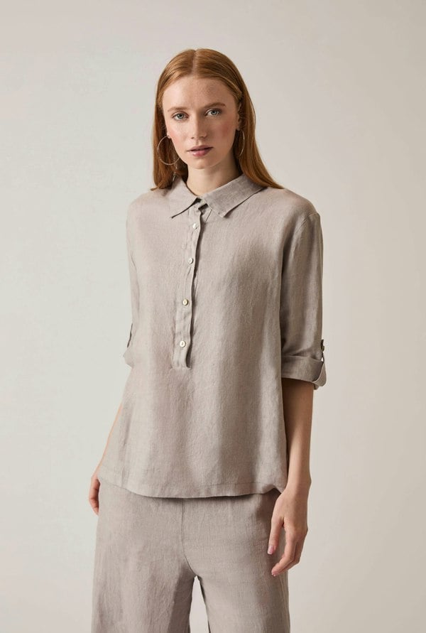 Taupe linen blouse with button front and roll tabs