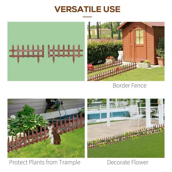 Rustic brown wooden border fence sections with pointed pickets, 12-piece set