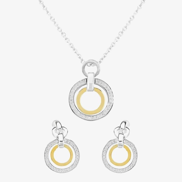 T. H. Baker Two Tone Cubic Zirconia Double Open Circle Pendant and Earring Set SET12423