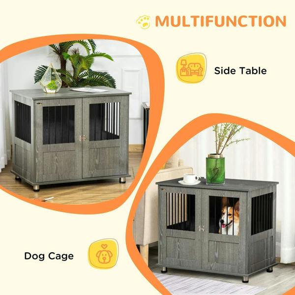 Dog crate table feature graphic showing side table and dog cage usage