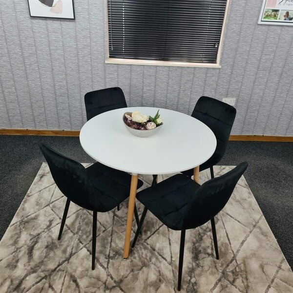 Kosy Koala Dining Table and 4 Chairs  White Round Wood Table 4 Black Velvet Chairs Dining Room Furniture