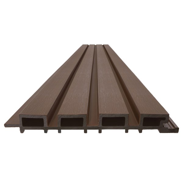 WPC slatted wall cladding panels in rich brown, featuring a textured finish and sleek, modern design for outdoor or indoor use