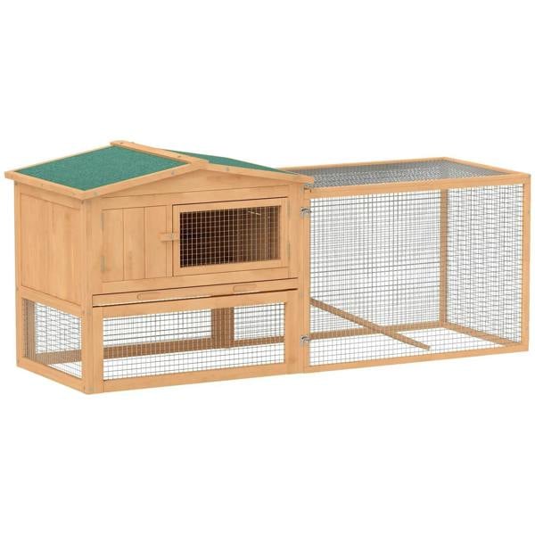 Two-tier wooden small animal hutch with green roof panel and wire mesh run
